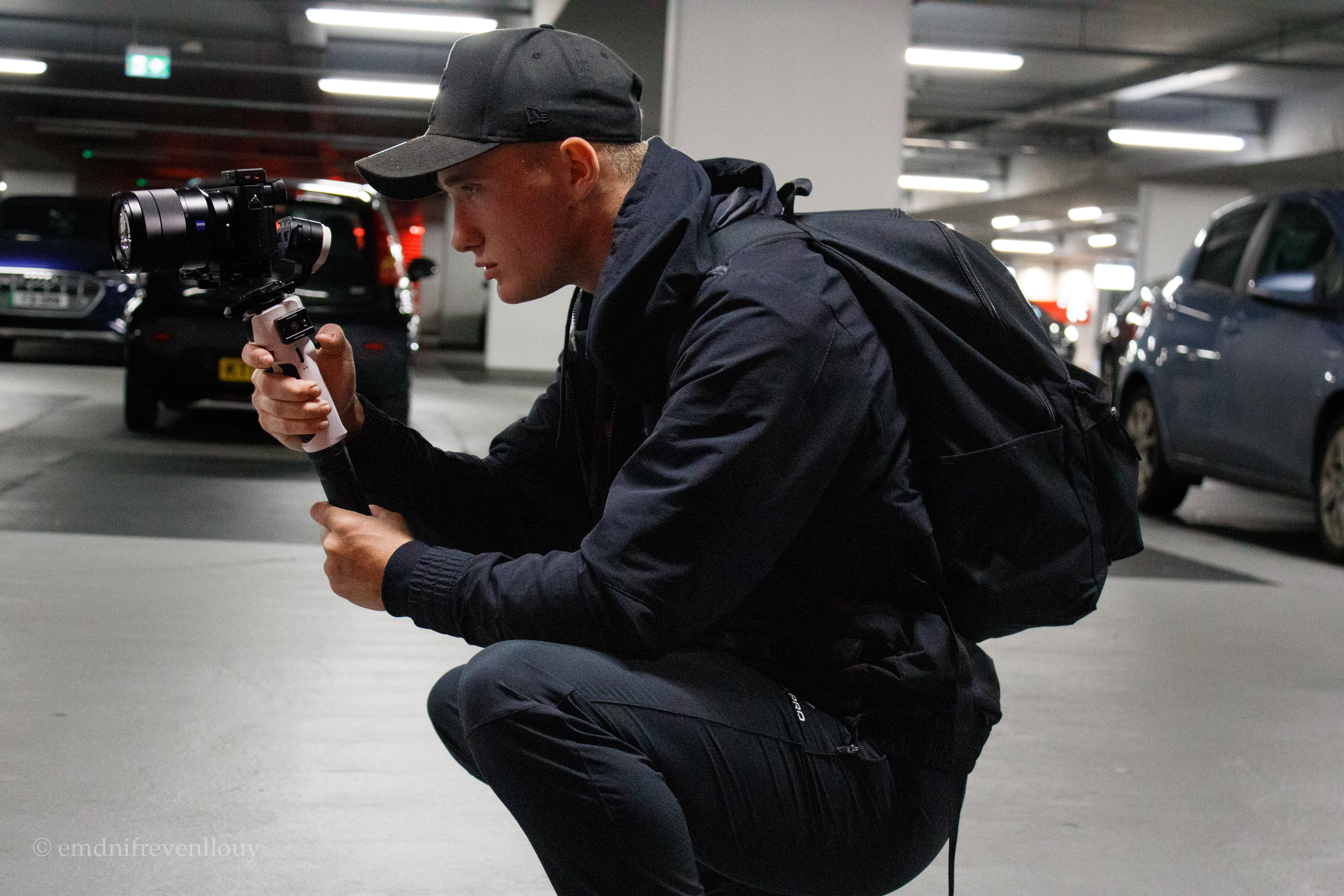 Tom shooting in a car park with gimbal